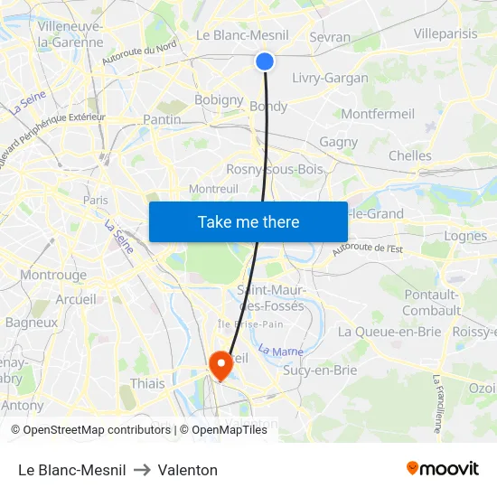 Le Blanc-Mesnil to Valenton map