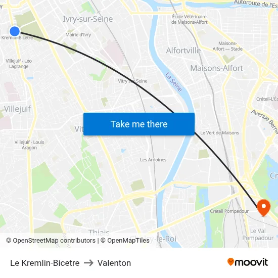 Le Kremlin-Bicetre to Valenton map