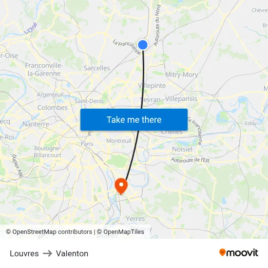 Louvres to Valenton map