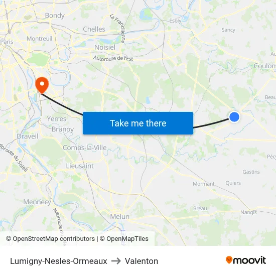 Lumigny-Nesles-Ormeaux to Valenton map