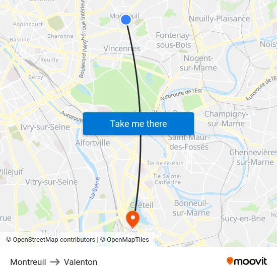 Montreuil to Valenton map