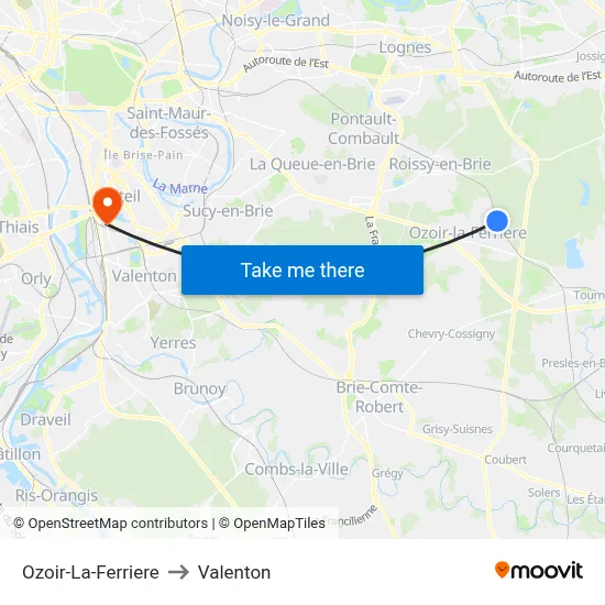 Ozoir-La-Ferriere to Valenton map