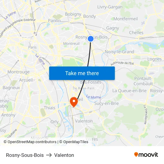 Rosny-Sous-Bois to Valenton map