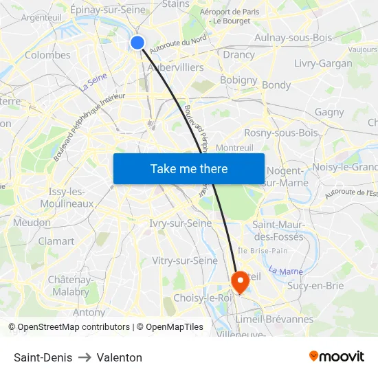 Saint-Denis to Valenton map