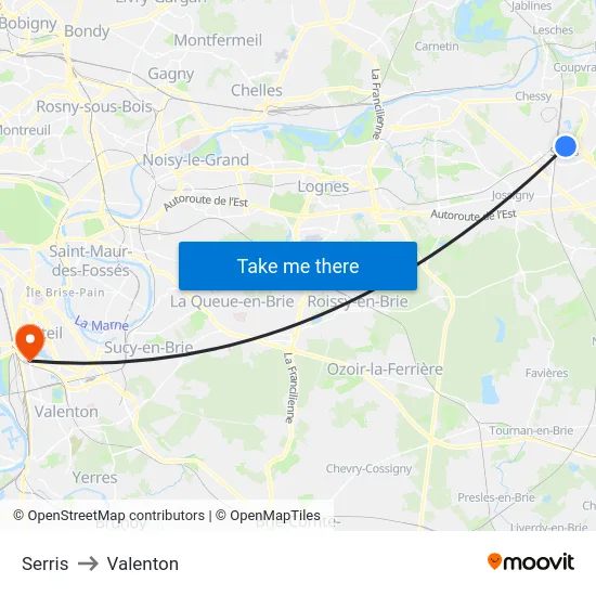 Serris to Valenton map