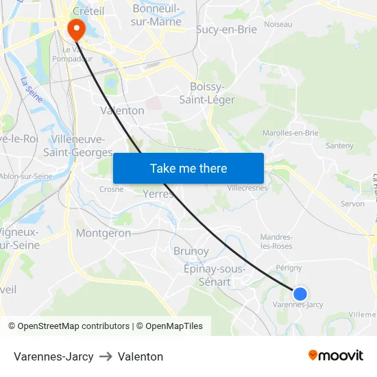Varennes-Jarcy to Valenton map