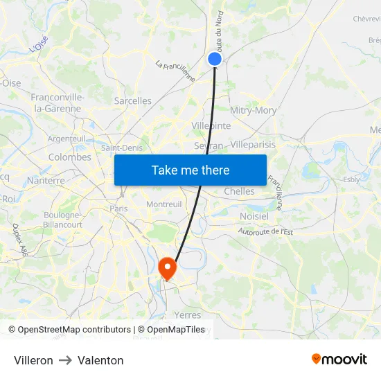 Villeron to Valenton map