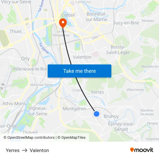 Yerres to Valenton map