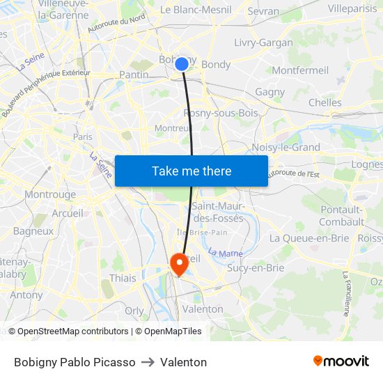 Bobigny Pablo Picasso to Valenton map