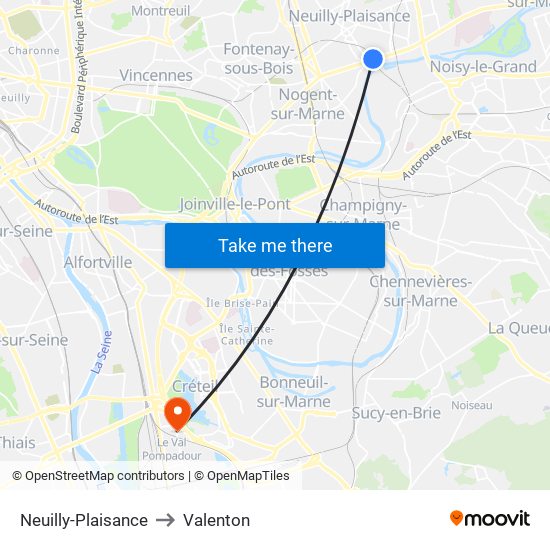 Neuilly-Plaisance to Valenton map