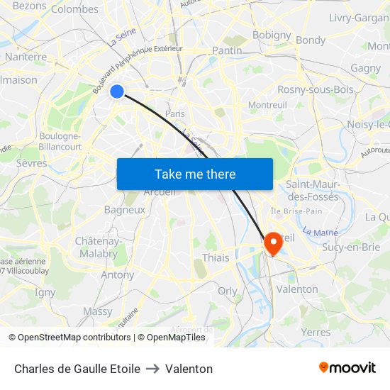 Charles de Gaulle Etoile to Valenton map