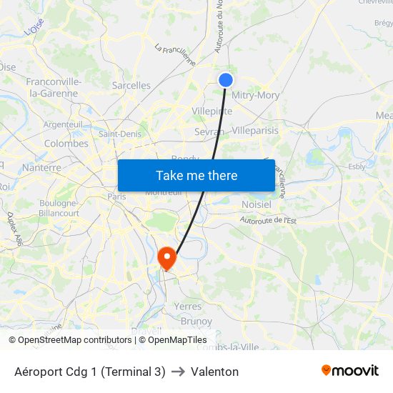 Aéroport Cdg 1 (Terminal 3) to Valenton map