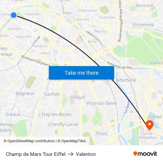 Champ de Mars Tour Eiffel to Valenton map