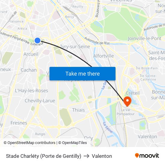 Stade Charléty (Porte de Gentilly) to Valenton map