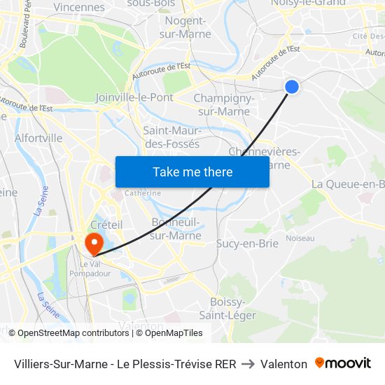 Villiers-Sur-Marne - Le Plessis-Trévise RER to Valenton map