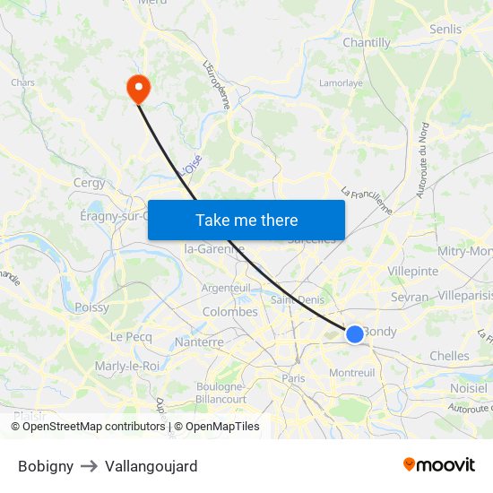 Bobigny to Vallangoujard map