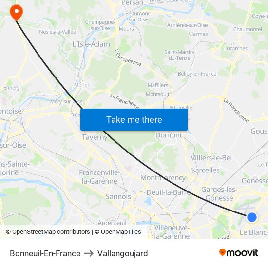 Bonneuil-En-France to Vallangoujard map