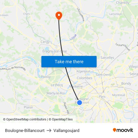 Boulogne-Billancourt to Vallangoujard map