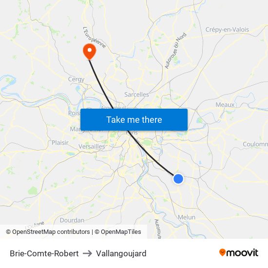 Brie-Comte-Robert to Vallangoujard map