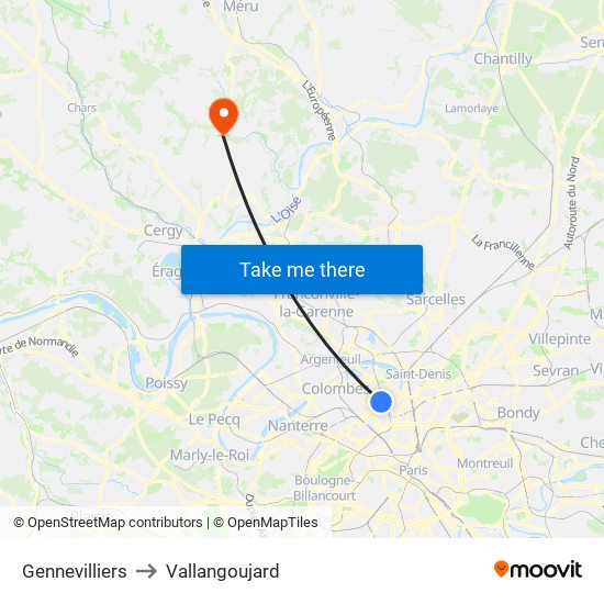 Gennevilliers to Vallangoujard map