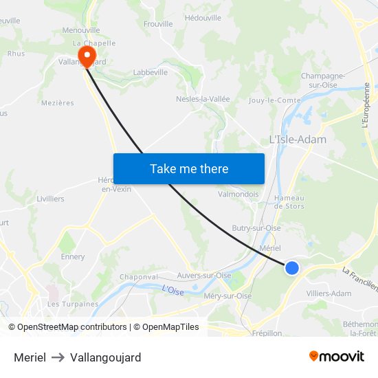 Meriel to Vallangoujard map