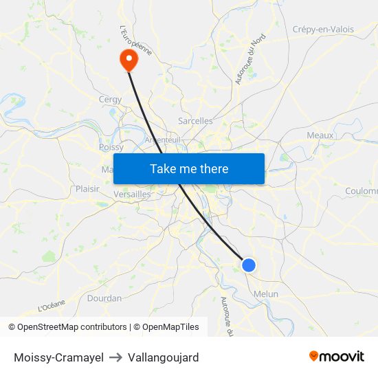 Moissy-Cramayel to Vallangoujard map