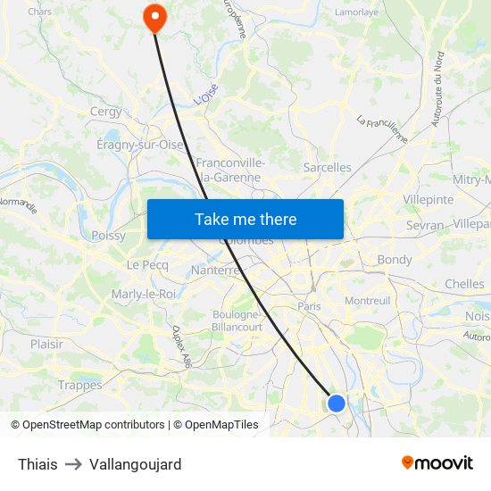 Thiais to Vallangoujard map