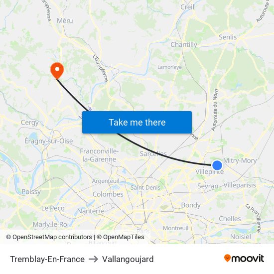 Tremblay-En-France to Vallangoujard map