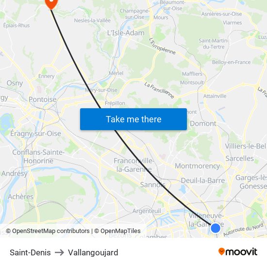 Saint-Denis to Vallangoujard map