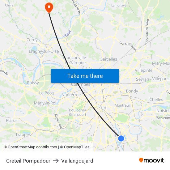 Créteil Pompadour to Vallangoujard map