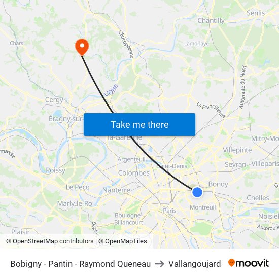 Bobigny - Pantin - Raymond Queneau to Vallangoujard map