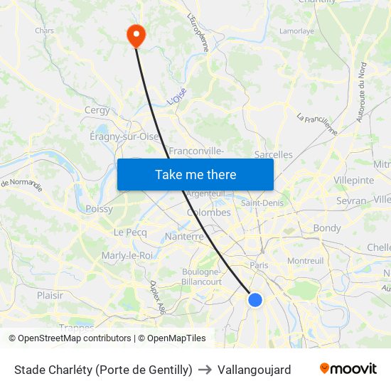 Stade Charléty (Porte de Gentilly) to Vallangoujard map