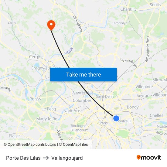 Porte Des Lilas to Vallangoujard map