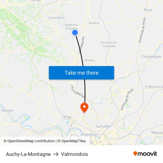 Auchy-La-Montagne to Valmondois map