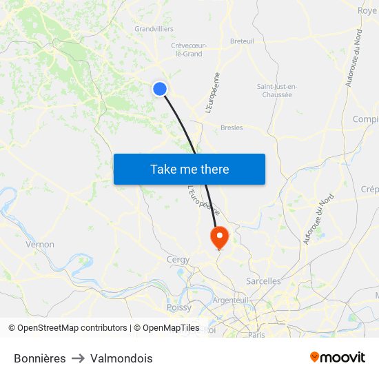Bonnières to Valmondois map