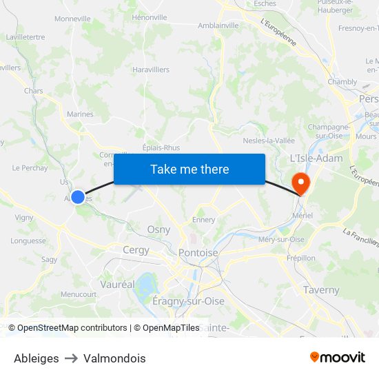 Ableiges to Valmondois map