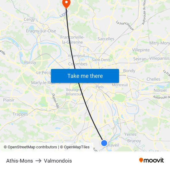 Athis-Mons to Valmondois map