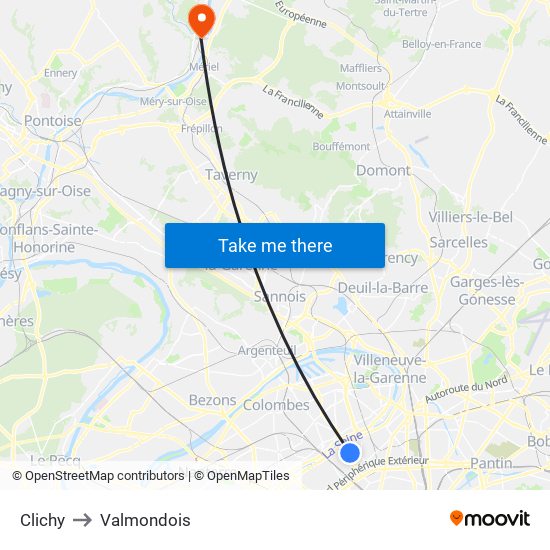 Clichy to Valmondois map