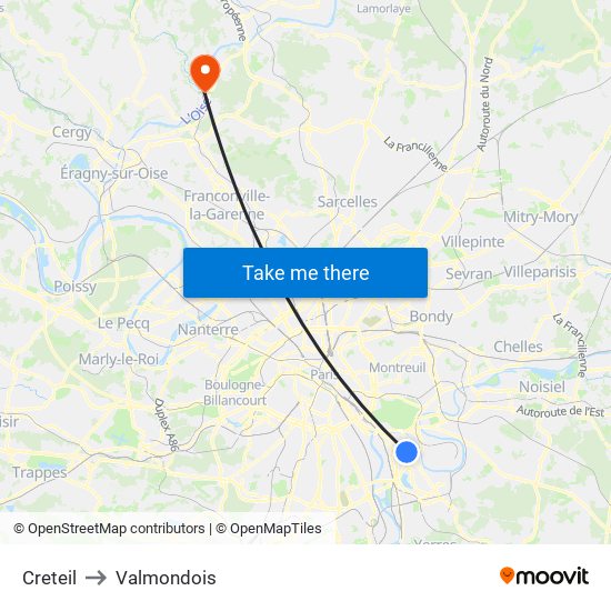 Creteil to Valmondois map