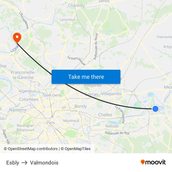 Esbly to Valmondois map