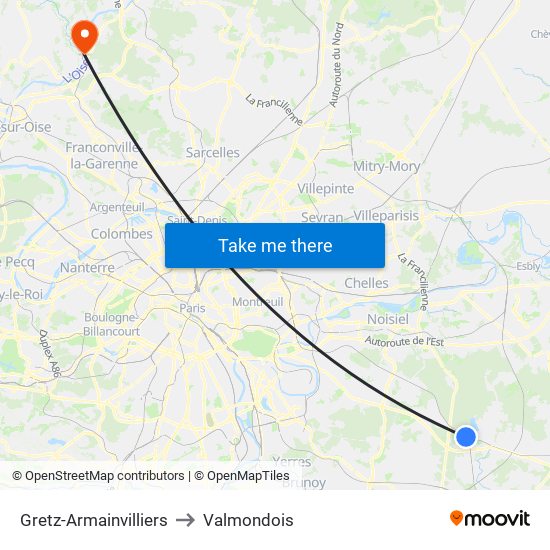 Gretz-Armainvilliers to Valmondois map