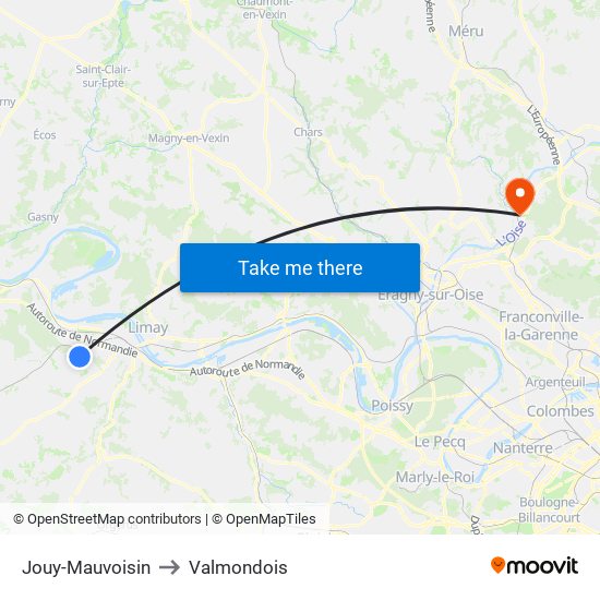 Jouy-Mauvoisin to Valmondois map