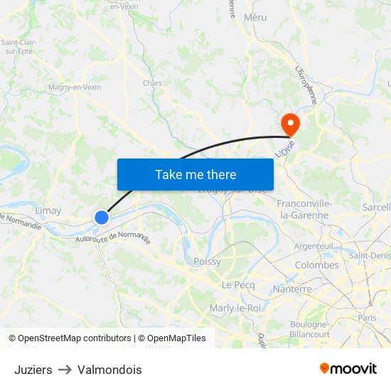Juziers to Valmondois map