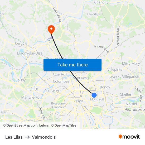 Les Lilas to Valmondois map