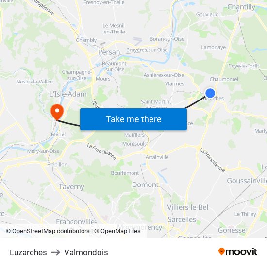 Luzarches to Valmondois map