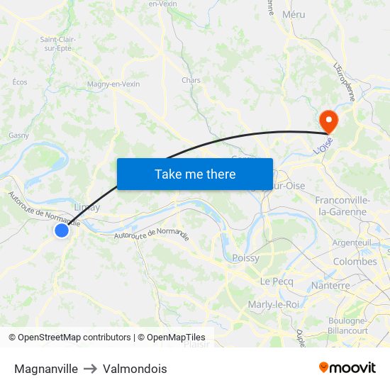 Magnanville to Valmondois map