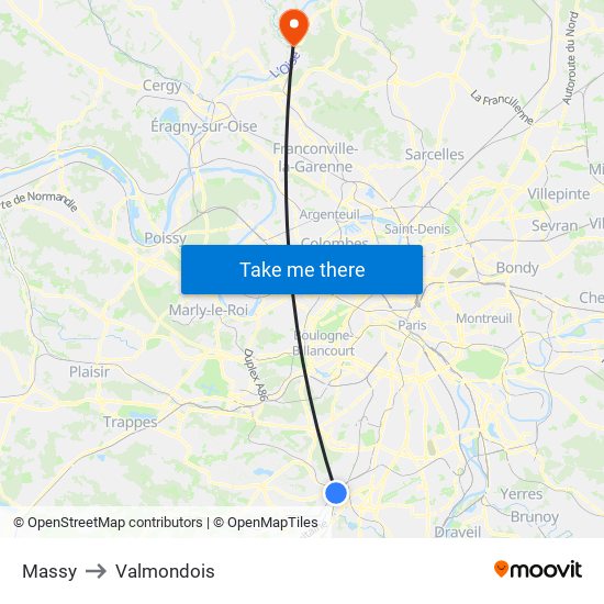Massy to Valmondois map