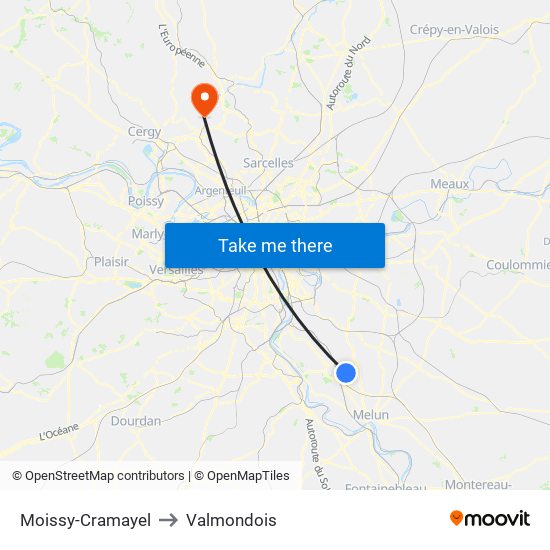 Moissy-Cramayel to Valmondois map