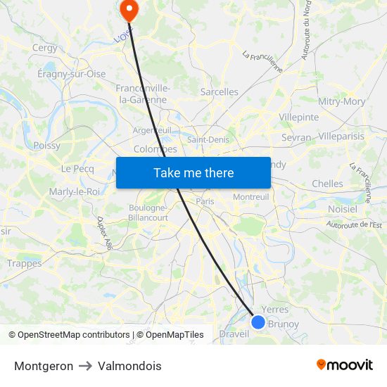 Montgeron to Valmondois map