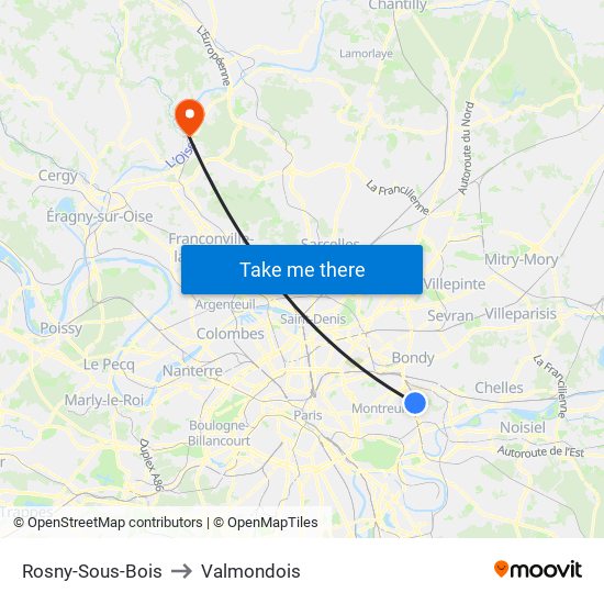 Rosny-Sous-Bois to Valmondois map